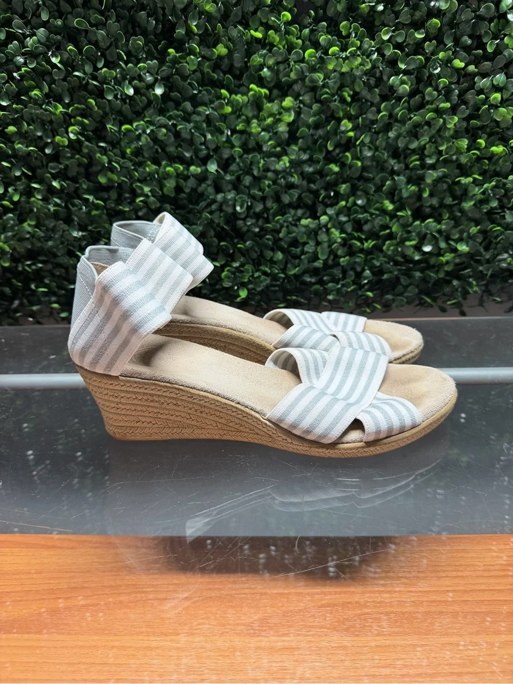 CHARLESTON SHOE CO. Striped Ankle-Wrap Wedge Sandals - Light Blue & White